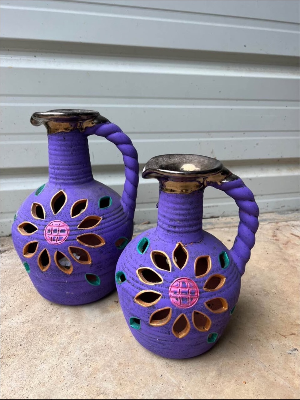 Decorative Purple Ceramic Pitcher Vase with Gold Accents made in Mexico